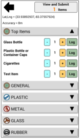 The App tracks more than just plastics. Add each item withthe +1 button, then press log. If you tap on the item's title, you can also add photos and comments.